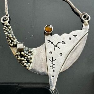 Vintage Modernist Brutalist Pendant Amber Necklace 925 Sterling Silver Chain 18"